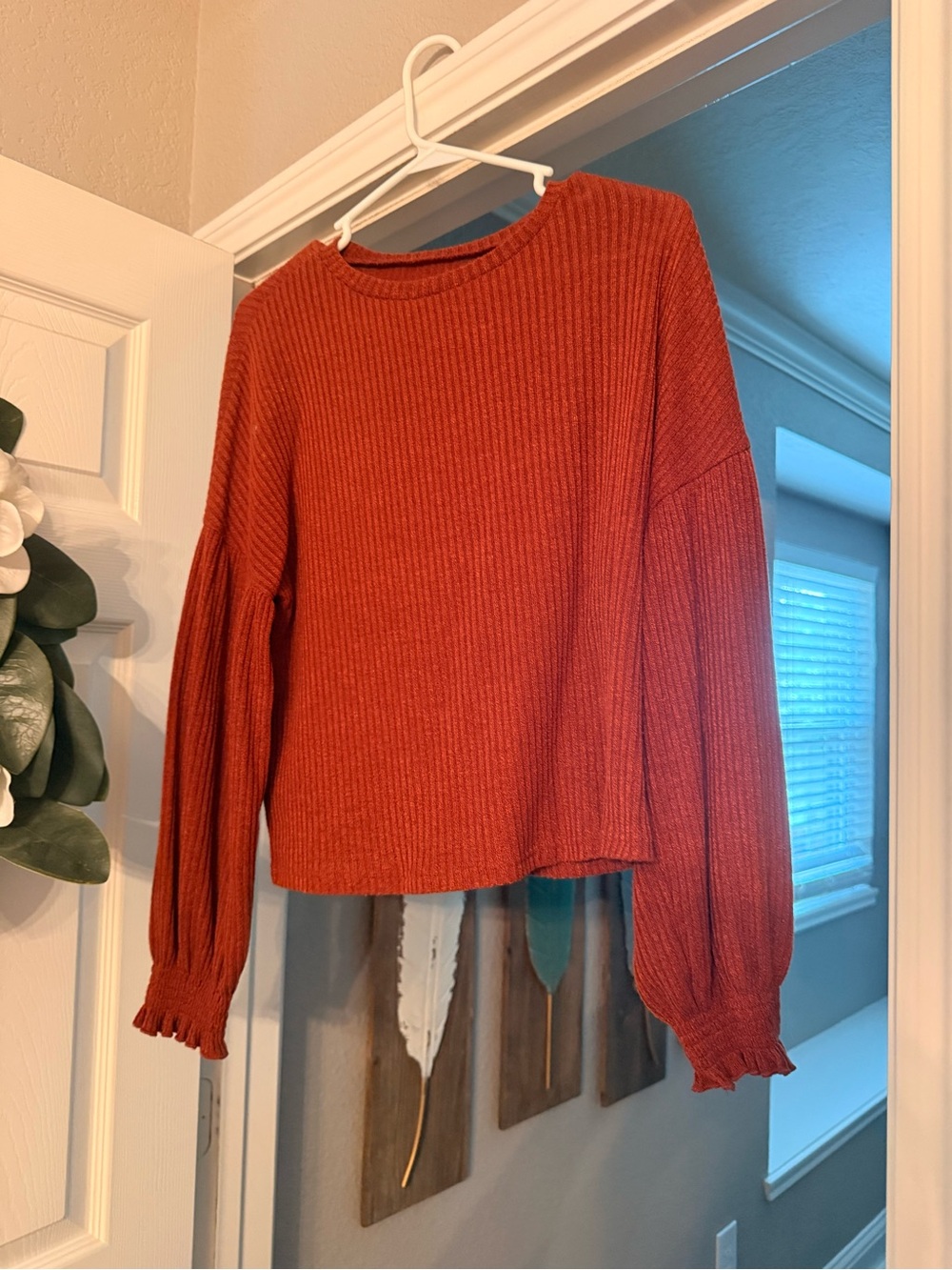 SHEIN Rust Orange Ribbed Long Sleeve Sweater